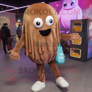 Brown Jellyfish mascot costume character dressed with a Sweatshirt and Handbags