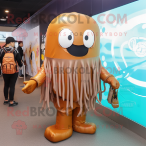 Brown Jellyfish mascot costume character dressed with a Sweatshirt and Handbags