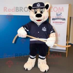 Navy Ice Hockey Stick mascot costume character dressed with a Dungarees and Bow ties