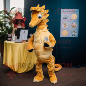 Gold Sea Horse mascot costume character dressed with a Henley Tee and Pocket squares