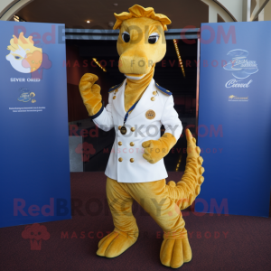Gold Sea Horse mascot costume character dressed with a Henley Tee and Pocket squares