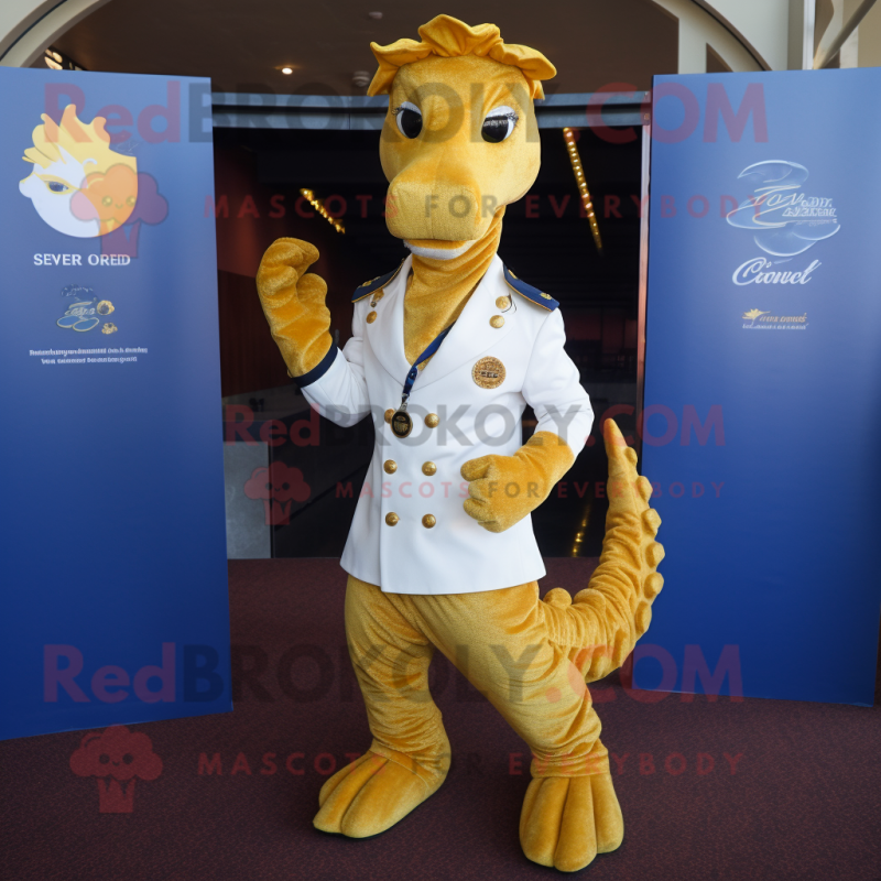 Gold Sea Horse mascot costume character dressed with a Henley Tee and Pocket squares Gold Sea Horse mascot costume character dressed with a Henley Tee and Pocket squares