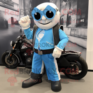 Sky Blue Gyro mascot costume character dressed with a Biker Jacket and Tote bags