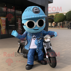 Sky Blue Gyro mascot costume character dressed with a Biker Jacket and Tote bags