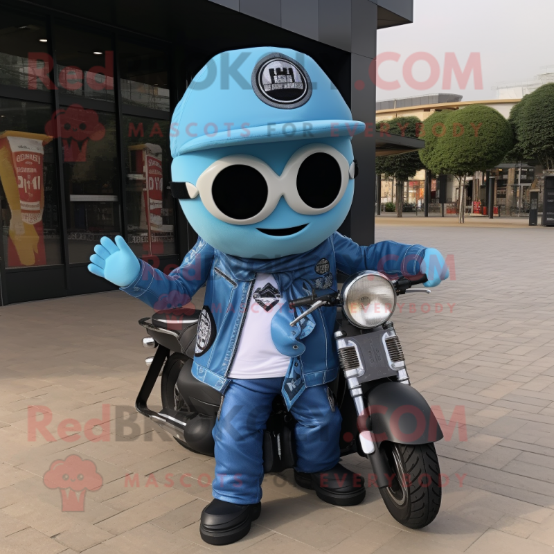 Sky Blue Gyro mascot costume character dressed with a Biker Jacket and Tote bags Sky Blue Gyro mascot costume character dressed with a Biker Jacket and Tote bags
