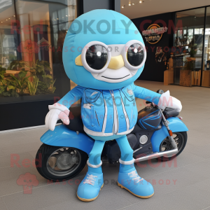 Sky Blue Gyro mascot costume character dressed with a Biker Jacket and Tote bags