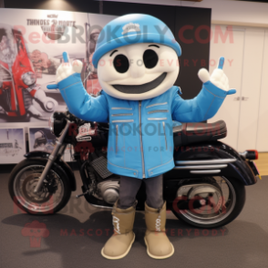 Sky Blue Gyro mascot costume character dressed with a Biker Jacket and Tote bags