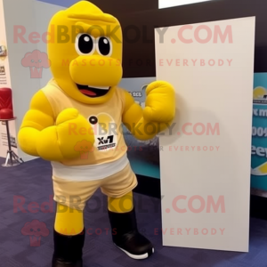 Yellow Boxing Glove mascot costume character dressed with a Oxford Shirt and Brooches