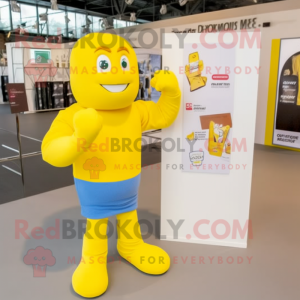 Yellow Boxing Glove mascot costume character dressed with a Oxford Shirt and Brooches