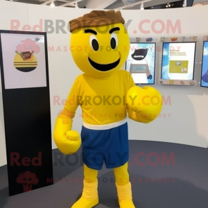 Yellow Boxing Glove mascot costume character dressed with a Oxford Shirt and Brooches