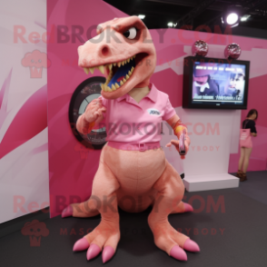 Pink T Rex mascot costume character dressed with a Mini Skirt and Digital watches