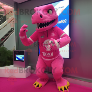 Pink T Rex mascot costume character dressed with a Mini Skirt and Digital watches