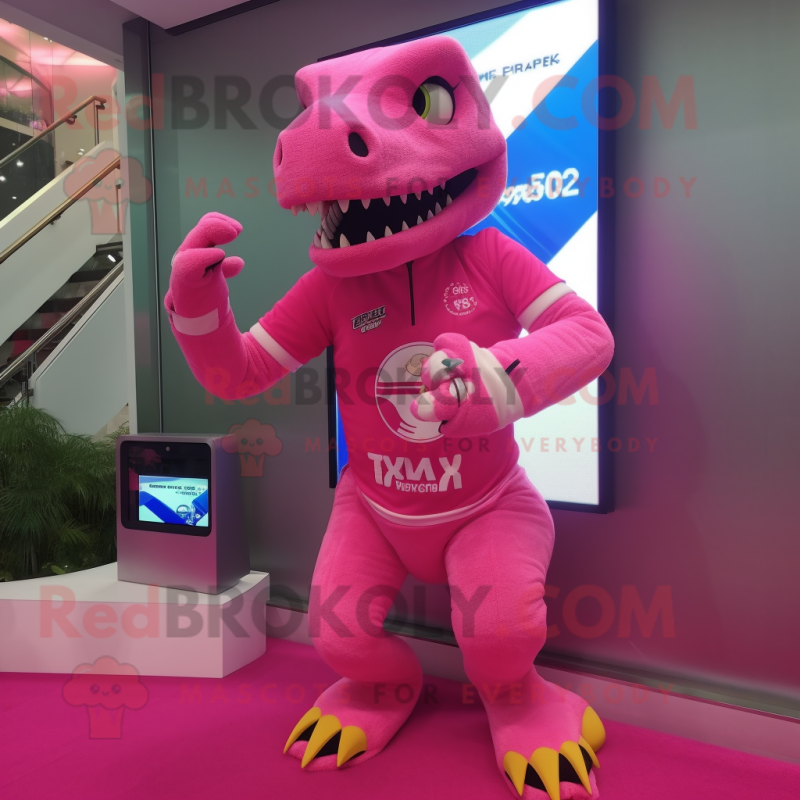 Pink T Rex mascot costume character dressed with a Mini Skirt and Digital watches Pink T Rex mascot costume character dressed with a Mini Skirt and Digital watches
