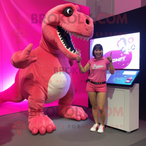 Pink T Rex mascot costume character dressed with a Mini Skirt and Digital watches