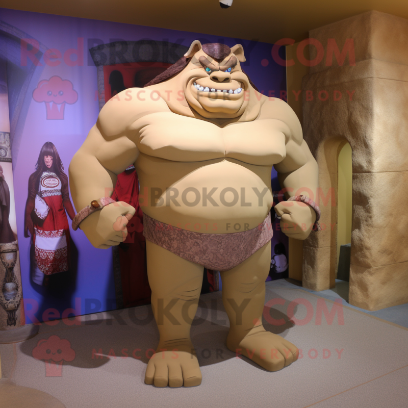 Tan Ogre mascot costume character dressed with a One-Piece Swimsuit and Clutch bags Tan Ogre mascot costume character dressed with a One-Piece Swimsuit and Clutch bags