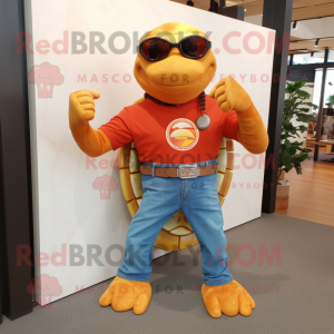 Rust Turtle mascot costume character dressed with a Flare Jeans and Bracelet watches