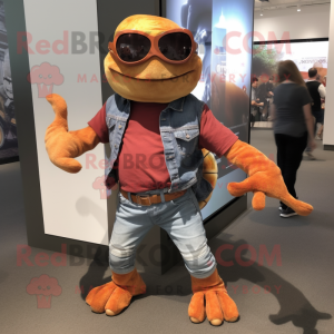 Rust Turtle mascot costume character dressed with a Flare Jeans and Bracelet watches