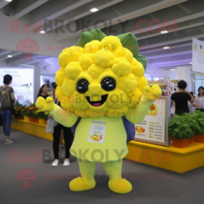 Lemon Yellow Cauliflower mascot costume character dressed with a Romper and Messenger bags