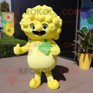Lemon Yellow Cauliflower mascot costume character dressed with a Romper and Messenger bags