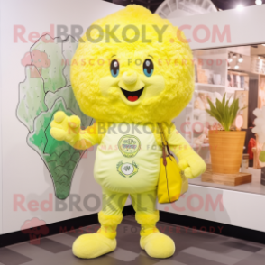 Lemon Yellow Cauliflower mascot costume character dressed with a Romper and Messenger bags