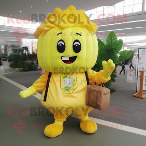 Lemon Yellow Cauliflower mascot costume character dressed with a Romper and Messenger bags