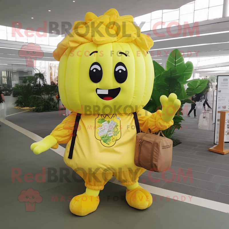 Lemon Yellow Cauliflower mascot costume character dressed with a Romper and Messenger bags