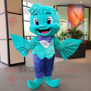 Turquoise Mermaid mascot costume character dressed with a V-Neck Tee and Bow ties