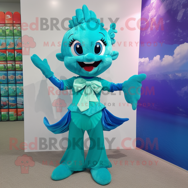 Turquoise Mermaid mascot costume character dressed with a V-Neck Tee and Bow ties