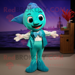 Turquoise Mermaid mascot costume character dressed with a V-Neck Tee and Bow ties