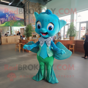 Turquoise Mermaid mascot costume character dressed with a V-Neck Tee and Bow ties