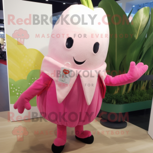 Pink Radish mascot costume character dressed with a Cardigan and Hair clips