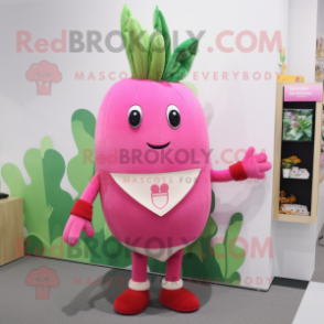 Pink Radish mascot costume character dressed with a Cardigan and Hair clips