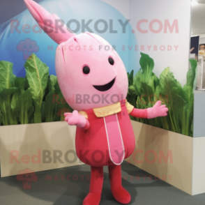 Pink Radish mascot costume character dressed with a Cardigan and Hair clips