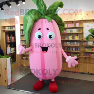 Pink Radish mascot costume character dressed with a Cardigan and Hair clips