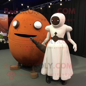 Rust Human Cannon Ball mascot costume character dressed with a Wedding Dress and Anklets