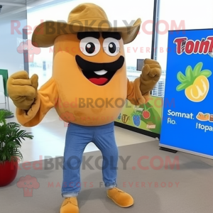 Tan Tomato mascot costume character dressed with a Bootcut Jeans and Watches