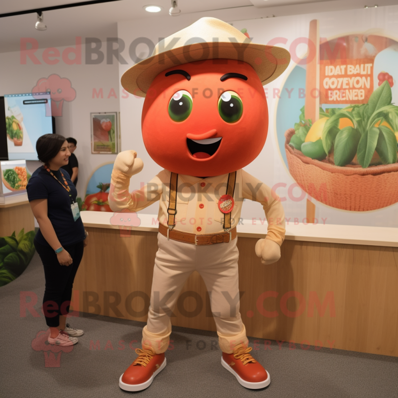 Tan Tomato mascot costume character dressed with a Bootcut Jeans and Watches Tan Tomato mascot costume character dressed with a Bootcut Jeans and Watches