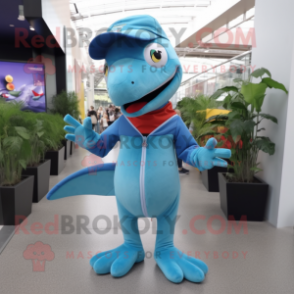 Sky Blue Dimorphodon mascot costume character dressed with a Jumpsuit and Beanies