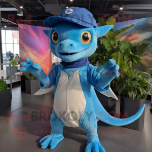 Sky Blue Dimorphodon mascot costume character dressed with a Jumpsuit and Beanies