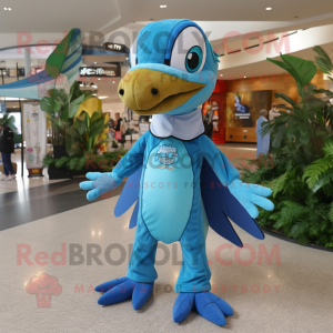 Sky Blue Dimorphodon mascot costume character dressed with a Jumpsuit and Beanies