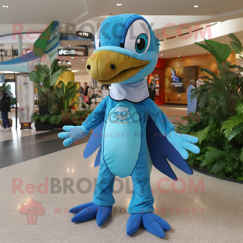 Sky Blue Dimorphodon mascot costume character dressed with a Jumpsuit and Beanies Sky Blue Dimorphodon mascot costume character dressed with a Jumpsuit and Beanies