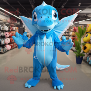 Sky Blue Dimorphodon mascot costume character dressed with a Jumpsuit and Beanies