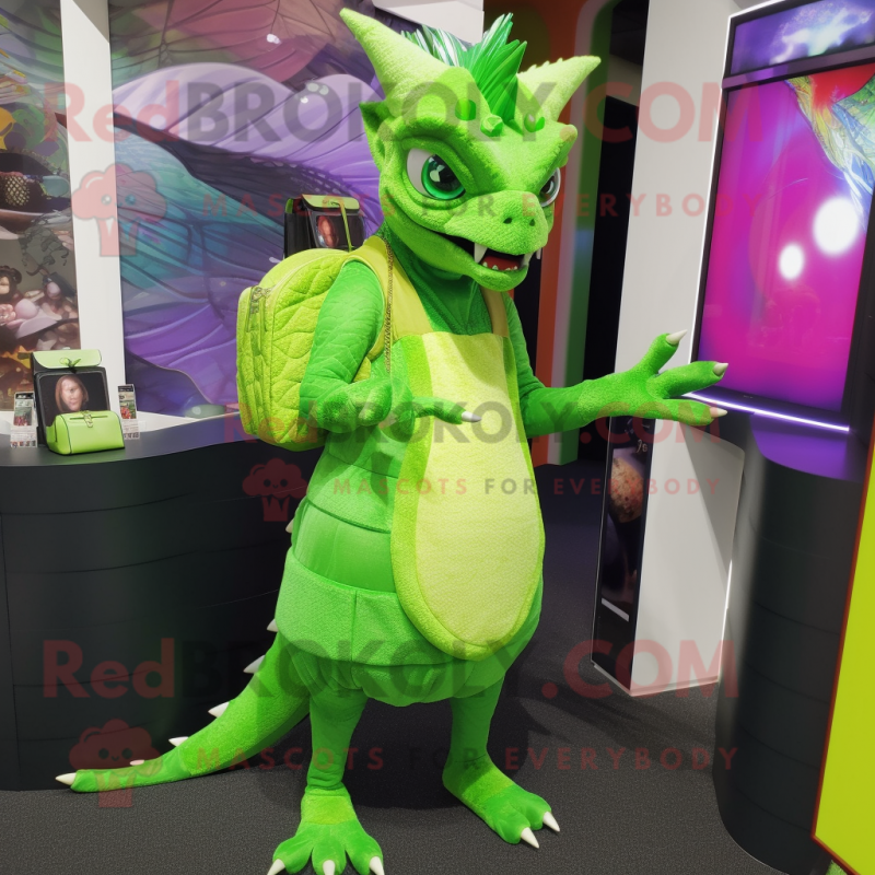 Lime Green Chupacabra mascot costume character dressed with a Mini Dress and Handbags Lime Green Chupacabra mascot costume character dressed with a Mini Dress and Handbags