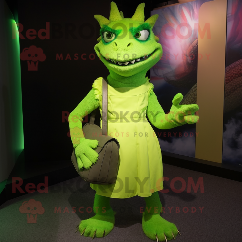 Lime Green Chupacabra mascot costume character dressed with a Mini Dress and Handbags