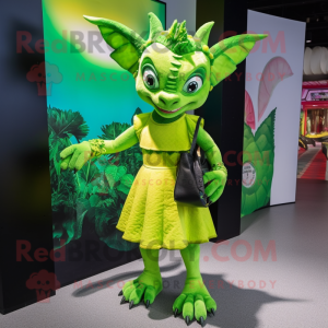 Lime Green Chupacabra mascot costume character dressed with a Mini Dress and Handbags