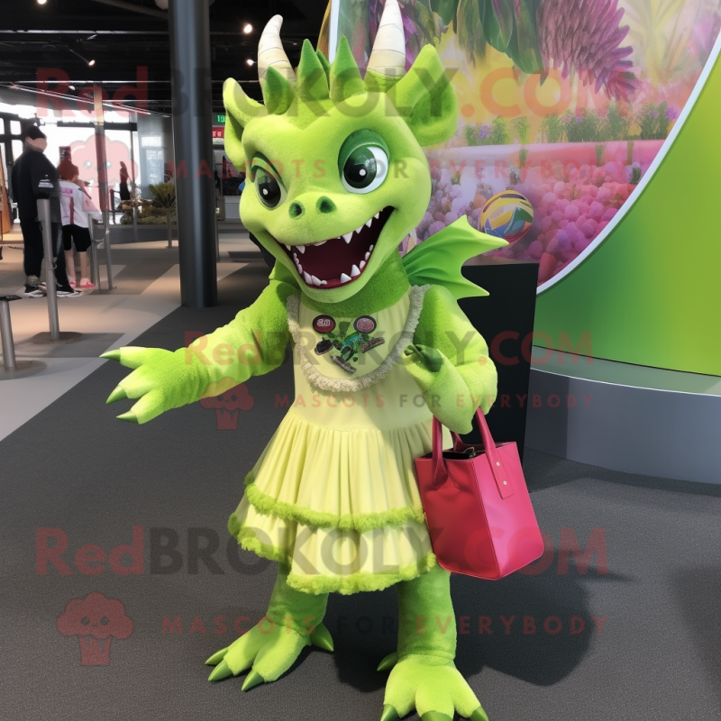Lime Green Chupacabra mascot costume character dressed with a Mini Dress and Handbags