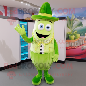 Lime Green Asparagus mascot costume character dressed with a Button-Up Shirt and Hats