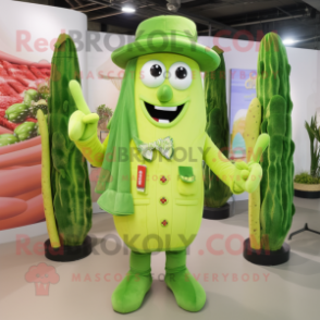 Lime Green Asparagus mascot costume character dressed with a Button-Up Shirt and Hats