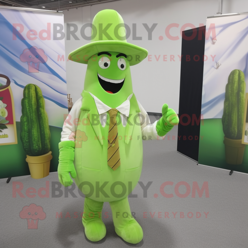 Lime Green Asparagus mascot costume character dressed with a Button-Up Shirt and Hats