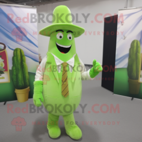 Lime Green Asparagus mascot costume character dressed with a Button-Up Shirt and Hats